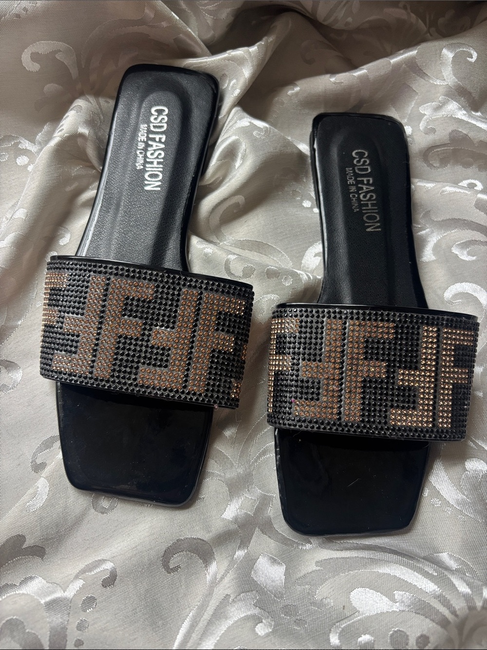CSD Fashion Black Slide Sandals with Bronze Rhinestone Strap